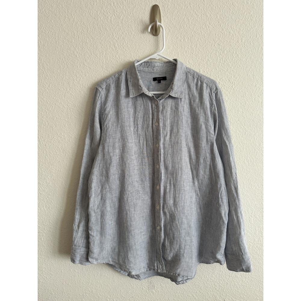 Quince Linen Shirt Women Large Blue Pinstripe Long Sleeve Button Down Coastal